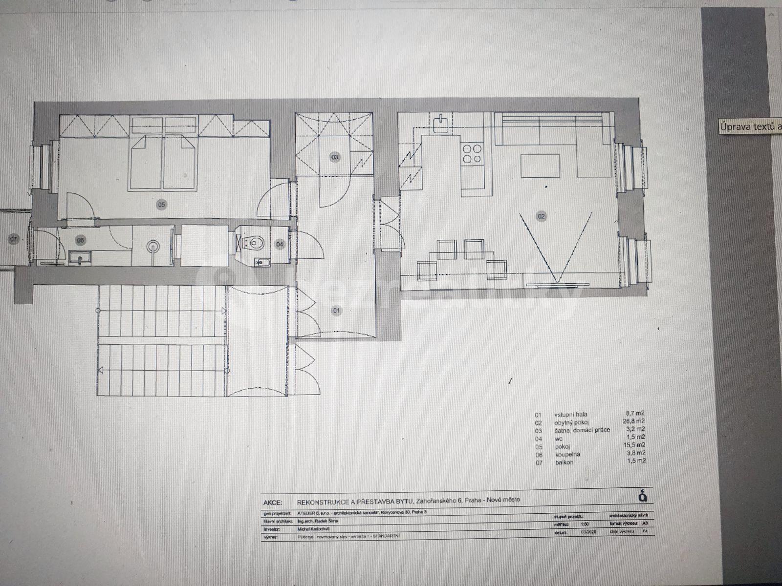 Pronájem bytu 2+kk 61 m², Záhořanského, Praha, Praha