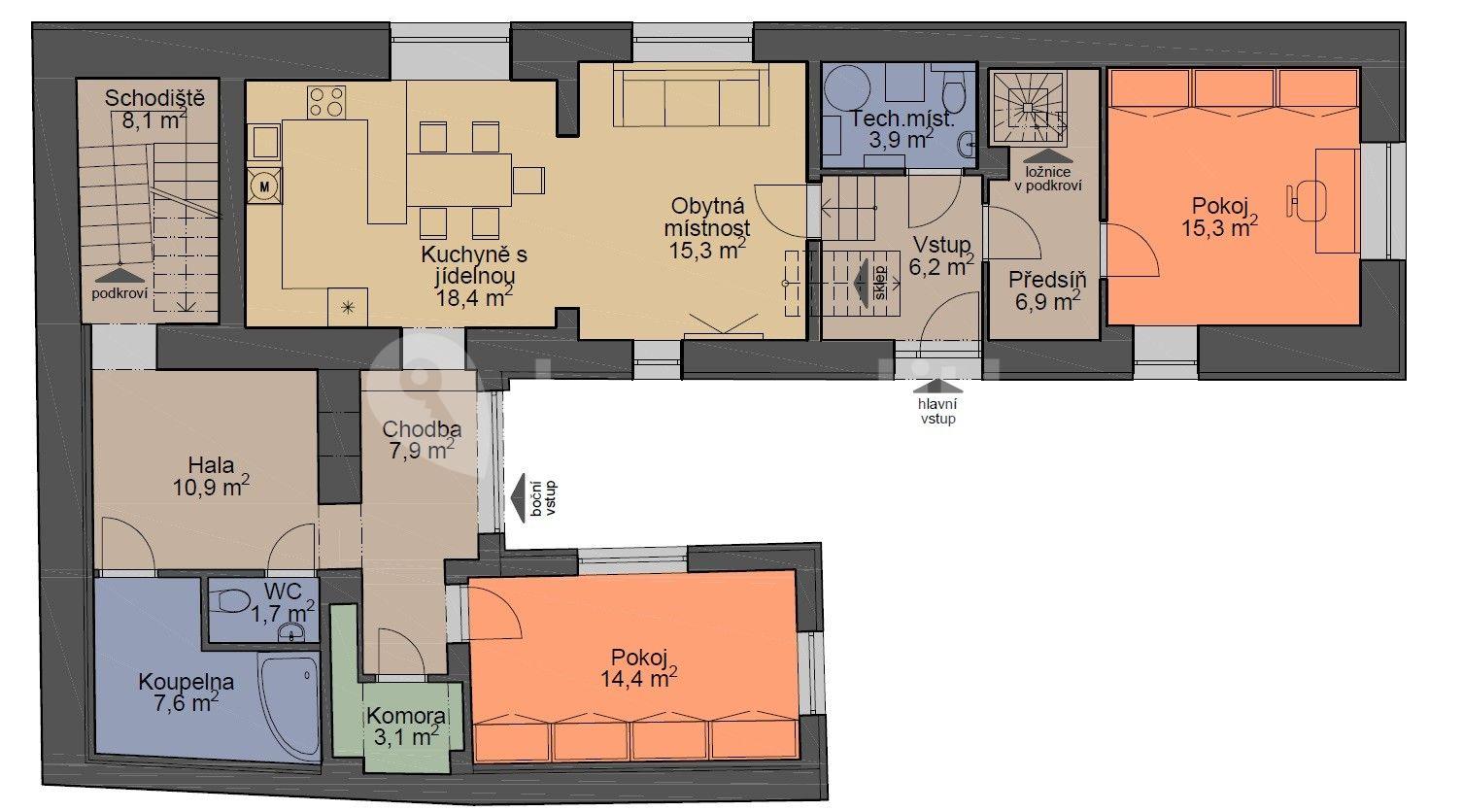 Prodej domu 264 m², pozemek 365 m², Prostřední, Březí, Středočeský kraj