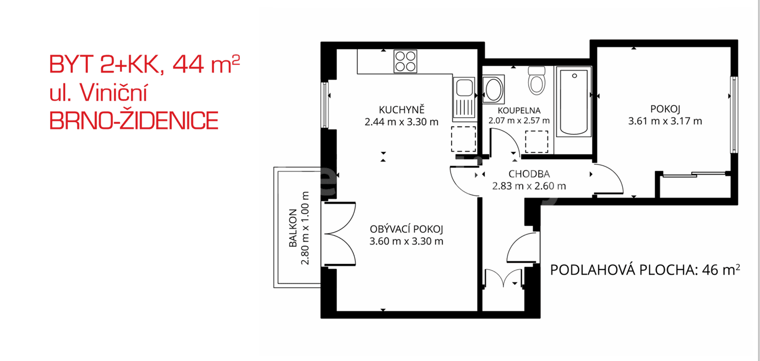 Pronájem bytu 2+kk 44 m², Viniční, Brno, Jihomoravský kraj