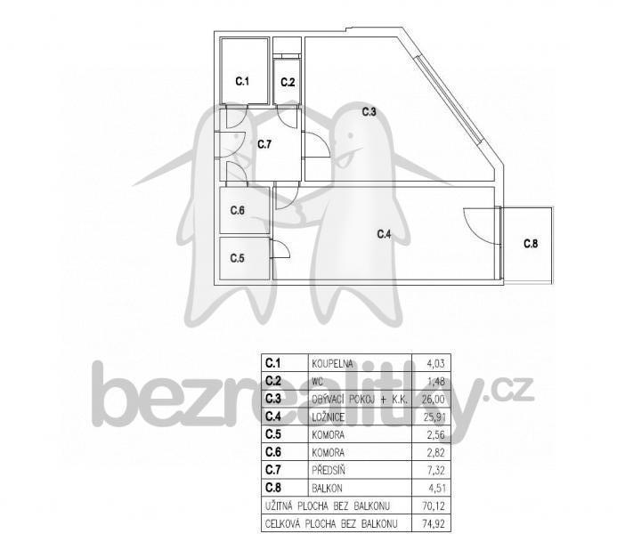 Pronájem bytu 2+kk 74 m², Panuškova, Praha, Praha