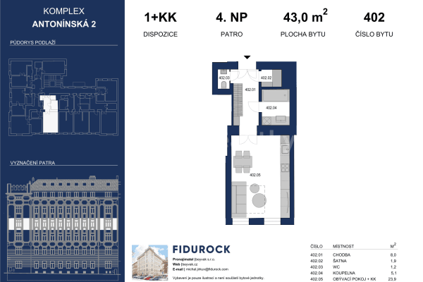 Pronájem bytu 1+kk 43 m², Antonínská, 